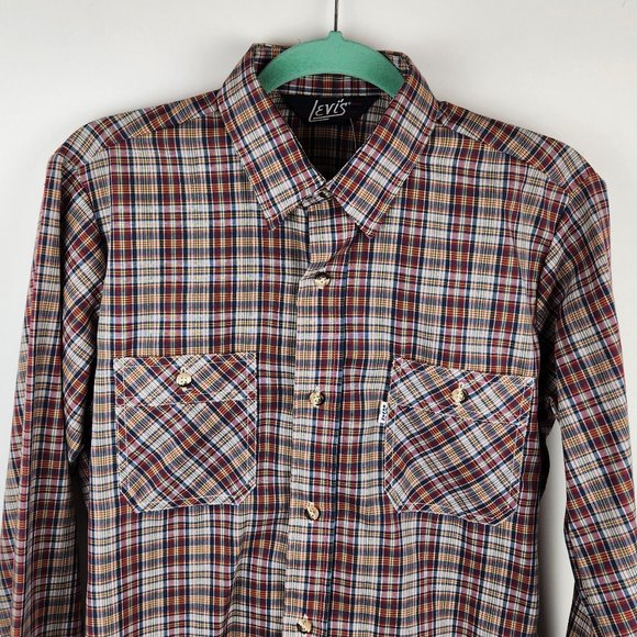NEW Vintage Levi’s 80's Tapered Fit Plaid Easy Care Blend Button Up Shirt sz M - Picture 3 of 12